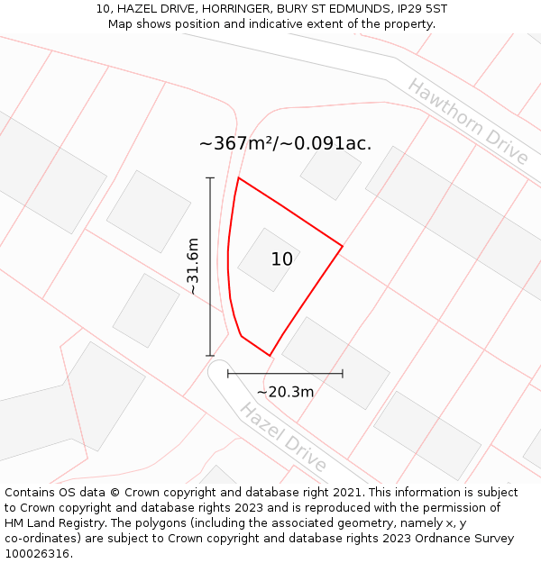 10, HAZEL DRIVE, HORRINGER, BURY ST EDMUNDS, IP29 5ST: Plot and title map