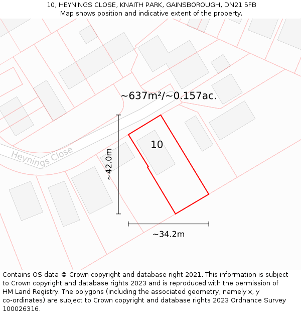 10, HEYNINGS CLOSE, KNAITH PARK, GAINSBOROUGH, DN21 5FB: Plot and title map