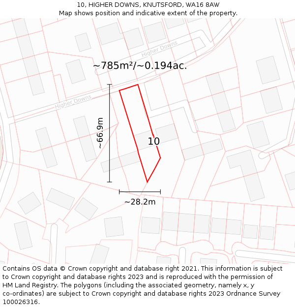10, HIGHER DOWNS, KNUTSFORD, WA16 8AW: Plot and title map