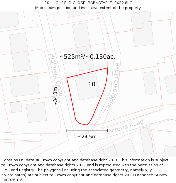 10, HIGHFIELD CLOSE, BARNSTAPLE, EX32 8LG: Plot and title map