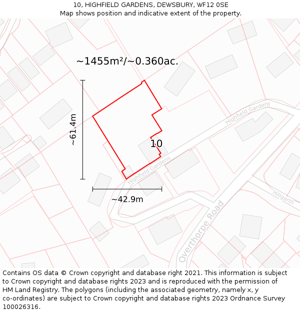 10, HIGHFIELD GARDENS, DEWSBURY, WF12 0SE: Plot and title map