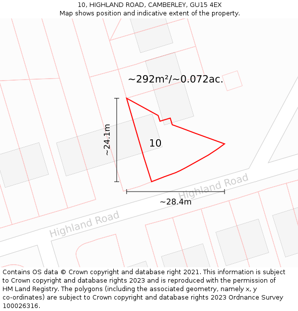 10, HIGHLAND ROAD, CAMBERLEY, GU15 4EX: Plot and title map