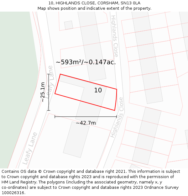 10, HIGHLANDS CLOSE, CORSHAM, SN13 0LA: Plot and title map