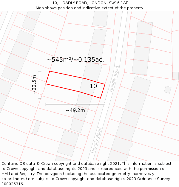 10, HOADLY ROAD, LONDON, SW16 1AF: Plot and title map