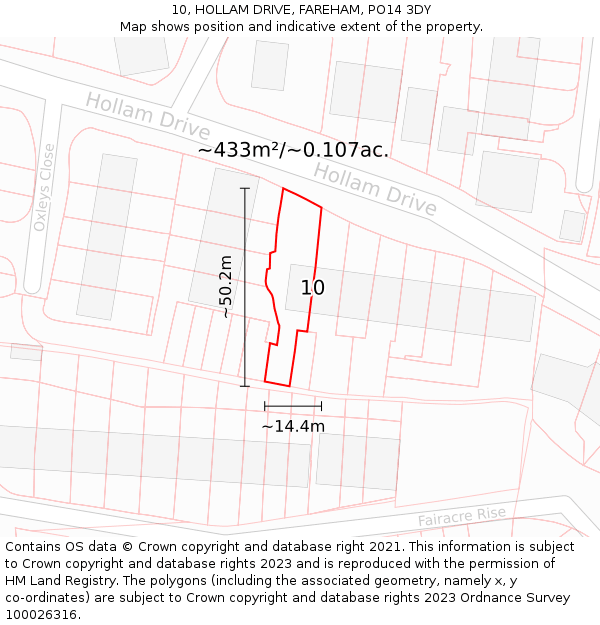 10, HOLLAM DRIVE, FAREHAM, PO14 3DY: Plot and title map