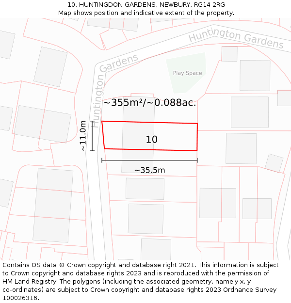 10, HUNTINGDON GARDENS, NEWBURY, RG14 2RG: Plot and title map