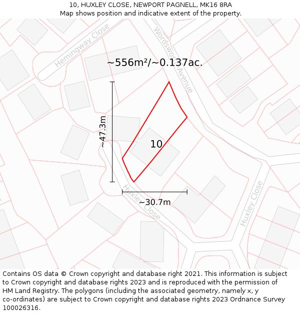 10, HUXLEY CLOSE, NEWPORT PAGNELL, MK16 8RA: Plot and title map