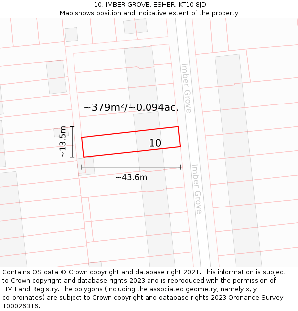 10, IMBER GROVE, ESHER, KT10 8JD: Plot and title map