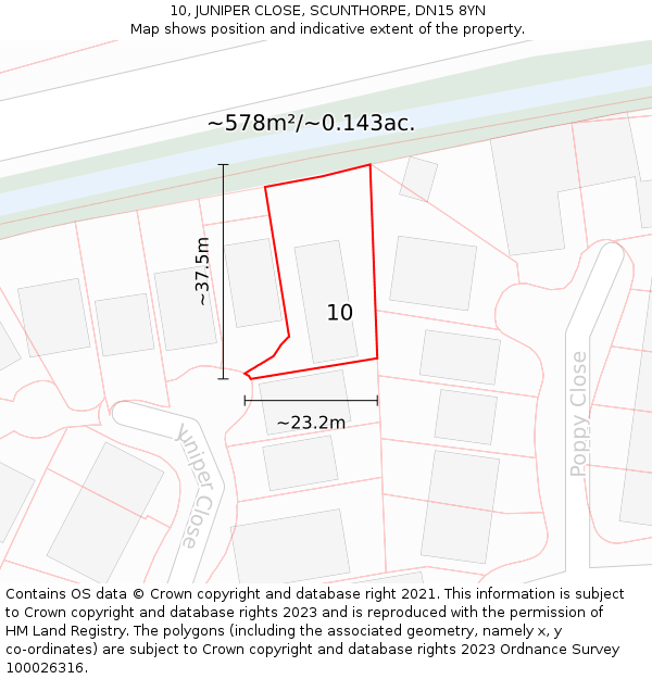 10, JUNIPER CLOSE, SCUNTHORPE, DN15 8YN: Plot and title map