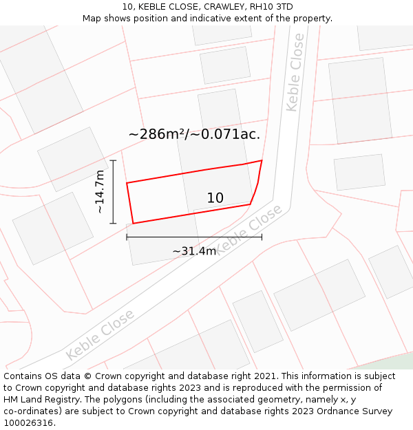 10, KEBLE CLOSE, CRAWLEY, RH10 3TD: Plot and title map