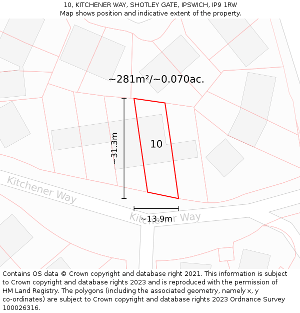 10, KITCHENER WAY, SHOTLEY GATE, IPSWICH, IP9 1RW: Plot and title map