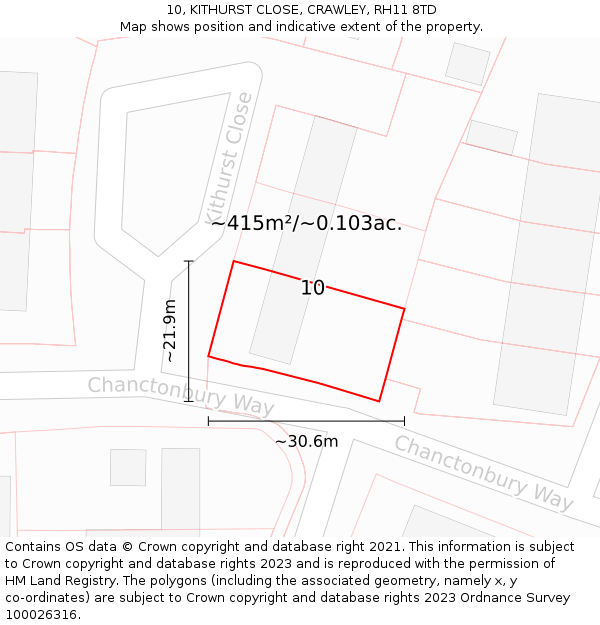 10, KITHURST CLOSE, CRAWLEY, RH11 8TD: Plot and title map