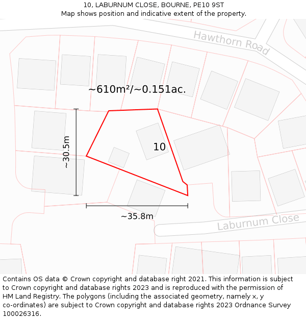 10, LABURNUM CLOSE, BOURNE, PE10 9ST: Plot and title map
