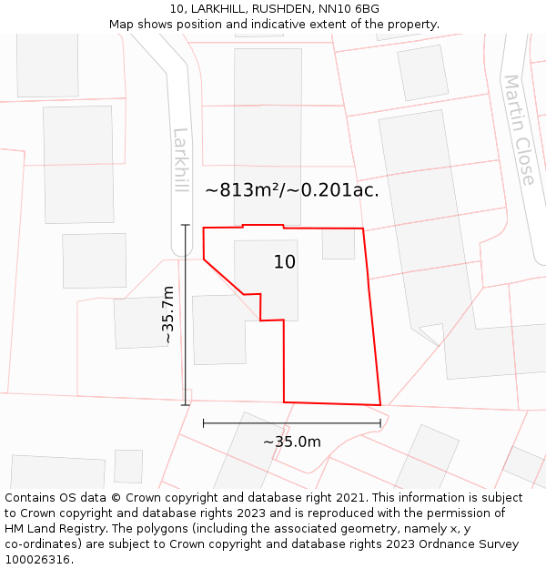10, LARKHILL, RUSHDEN, NN10 6BG: Plot and title map