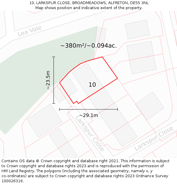 10, LARKSPUR CLOSE, BROADMEADOWS, ALFRETON, DE55 3NL: Plot and title map