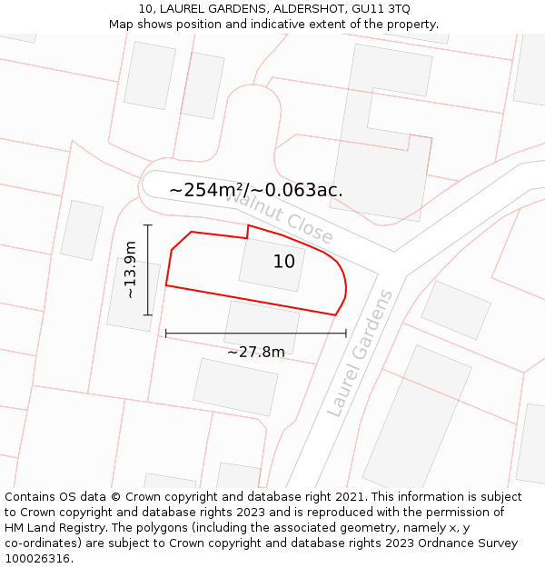 10, LAUREL GARDENS, ALDERSHOT, GU11 3TQ: Plot and title map