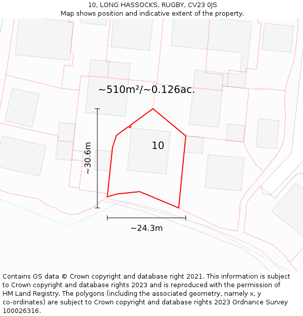 10, LONG HASSOCKS, RUGBY, CV23 0JS: Plot and title map