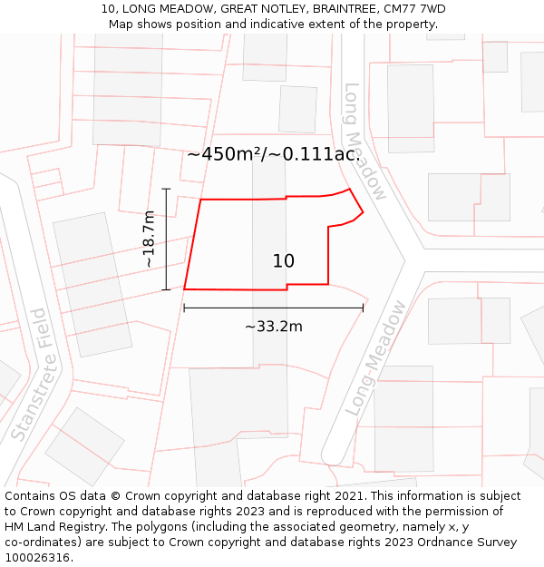 10, LONG MEADOW, GREAT NOTLEY, BRAINTREE, CM77 7WD: Plot and title map