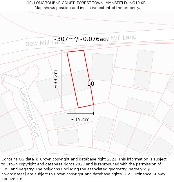 10, LONGBOURNE COURT, FOREST TOWN, MANSFIELD, NG19 0RL: Plot and title map