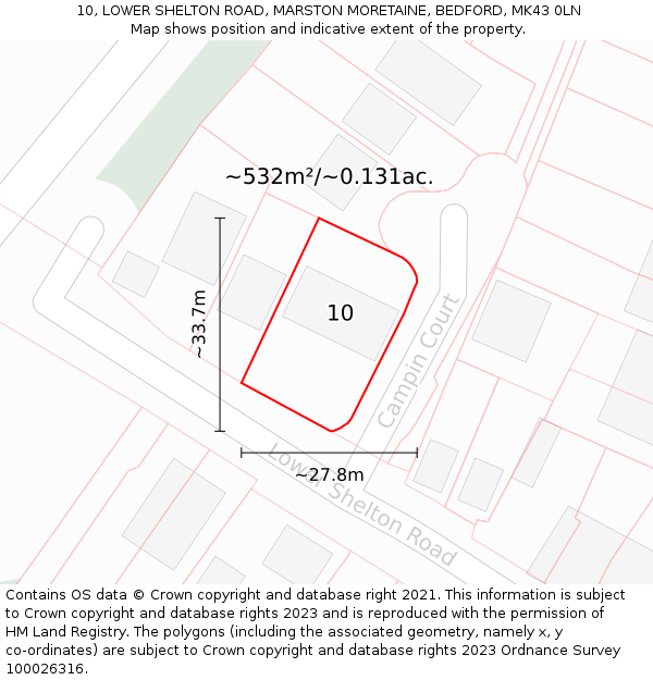 10, LOWER SHELTON ROAD, MARSTON MORETAINE, BEDFORD, MK43 0LN: Plot and title map