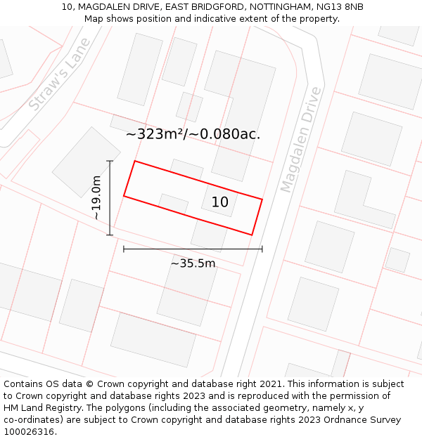 10, MAGDALEN DRIVE, EAST BRIDGFORD, NOTTINGHAM, NG13 8NB: Plot and title map