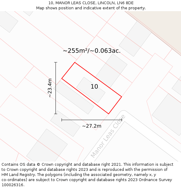 10, MANOR LEAS CLOSE, LINCOLN, LN6 8DE: Plot and title map