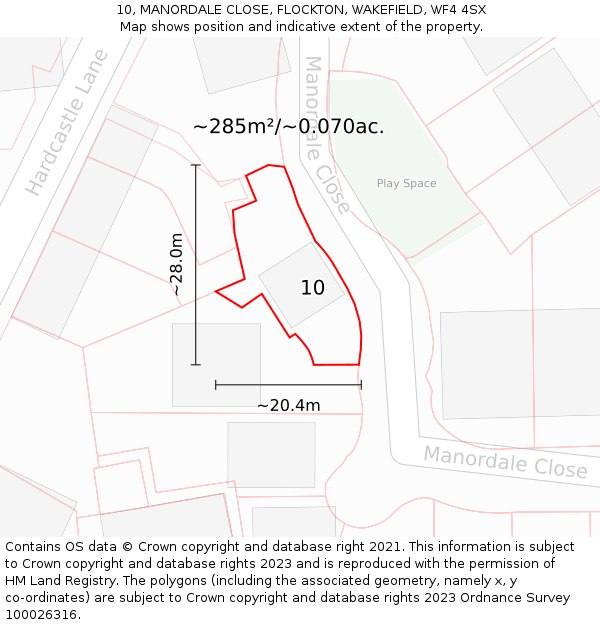 10, MANORDALE CLOSE, FLOCKTON, WAKEFIELD, WF4 4SX: Plot and title map