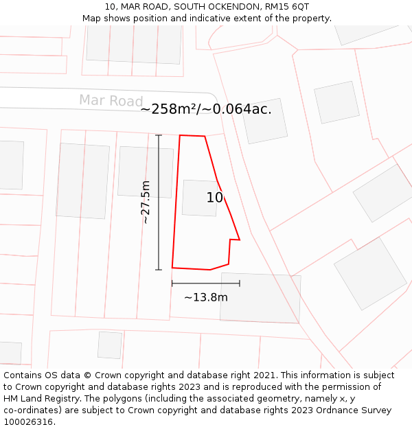 10, MAR ROAD, SOUTH OCKENDON, RM15 6QT: Plot and title map