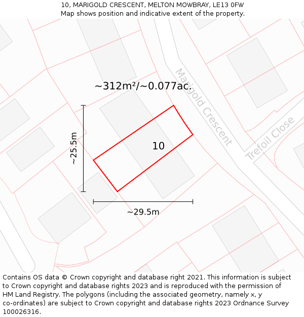 10, MARIGOLD CRESCENT, MELTON MOWBRAY, LE13 0FW: Plot and title map