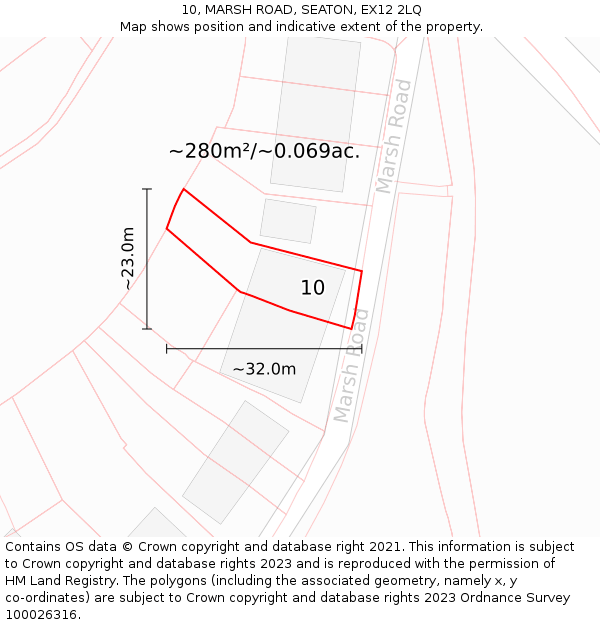 10, MARSH ROAD, SEATON, EX12 2LQ: Plot and title map