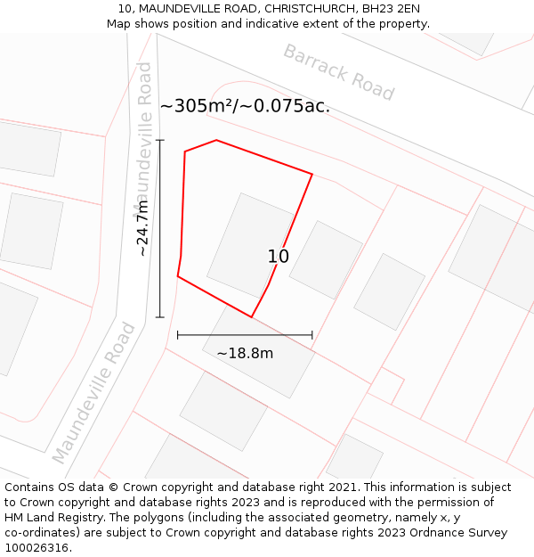 10, MAUNDEVILLE ROAD, CHRISTCHURCH, BH23 2EN: Plot and title map