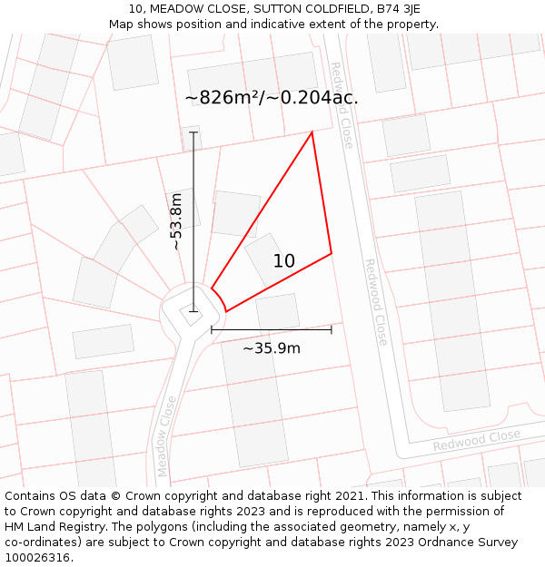 10, MEADOW CLOSE, SUTTON COLDFIELD, B74 3JE: Plot and title map