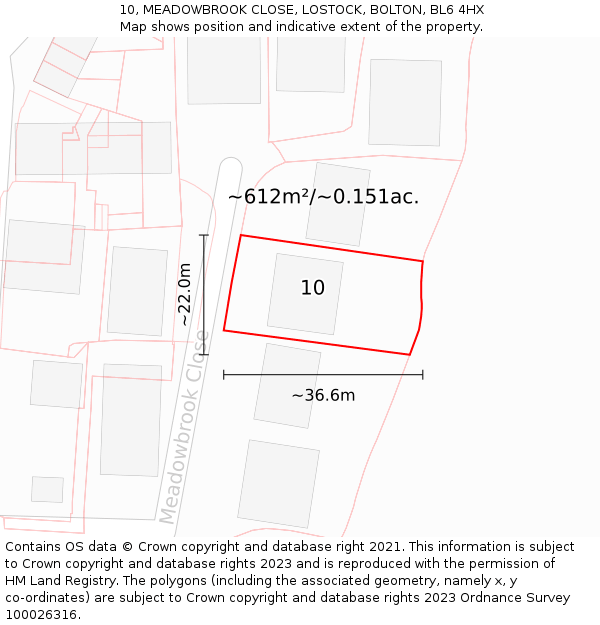 10, MEADOWBROOK CLOSE, LOSTOCK, BOLTON, BL6 4HX: Plot and title map