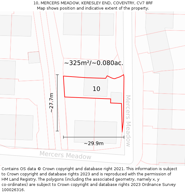 10, MERCERS MEADOW, KERESLEY END, COVENTRY, CV7 8RF: Plot and title map