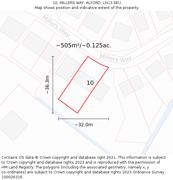 10, MILLERS WAY, ALFORD, LN13 9EU: Plot and title map