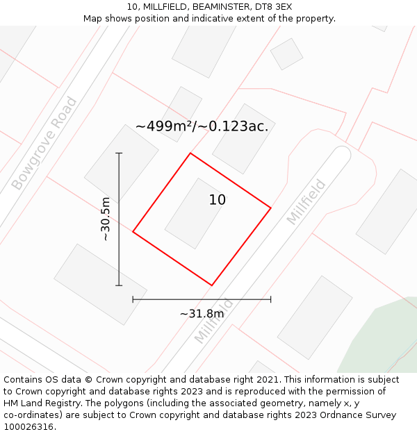 10, MILLFIELD, BEAMINSTER, DT8 3EX: Plot and title map