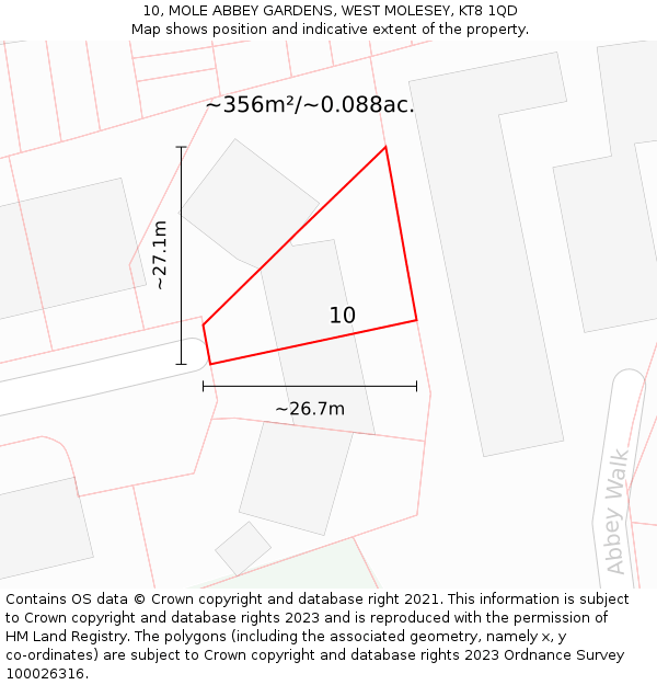 10, MOLE ABBEY GARDENS, WEST MOLESEY, KT8 1QD: Plot and title map