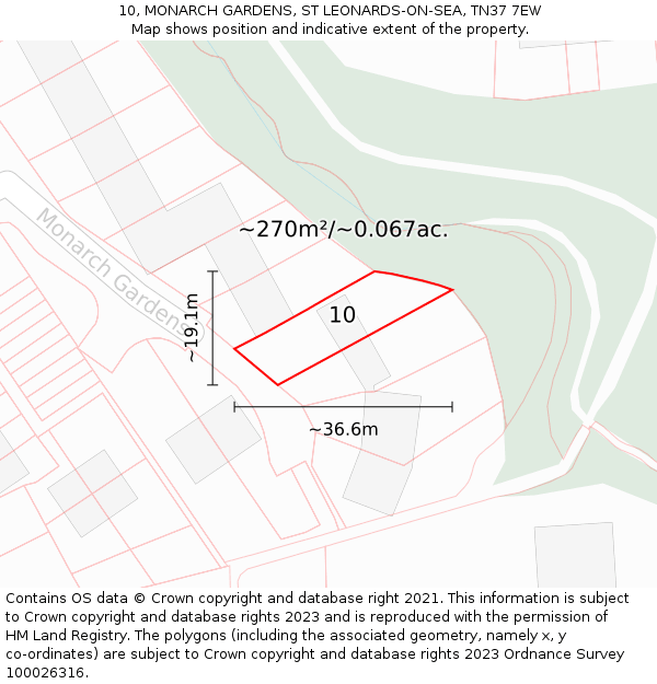 10, MONARCH GARDENS, ST LEONARDS-ON-SEA, TN37 7EW: Plot and title map