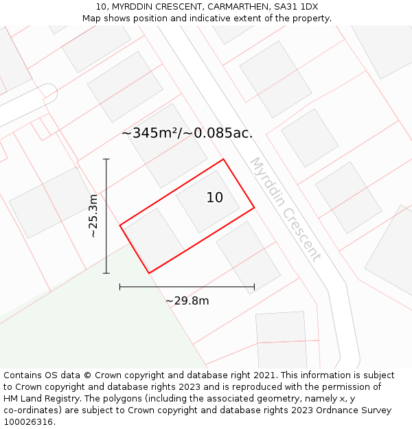 10, MYRDDIN CRESCENT, CARMARTHEN, SA31 1DX: Plot and title map