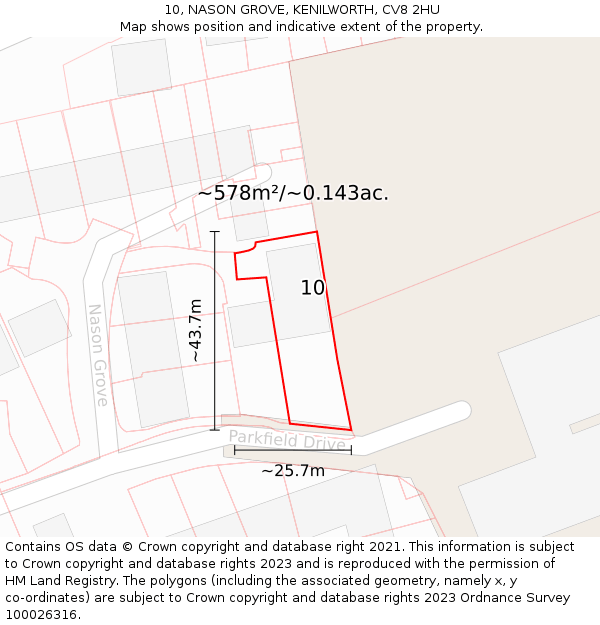 10, NASON GROVE, KENILWORTH, CV8 2HU: Plot and title map