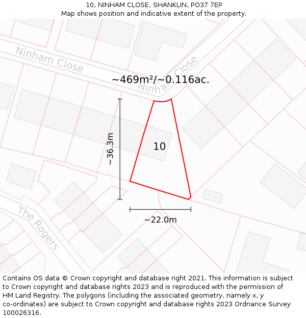 10, NINHAM CLOSE, SHANKLIN, PO37 7EP: Plot and title map