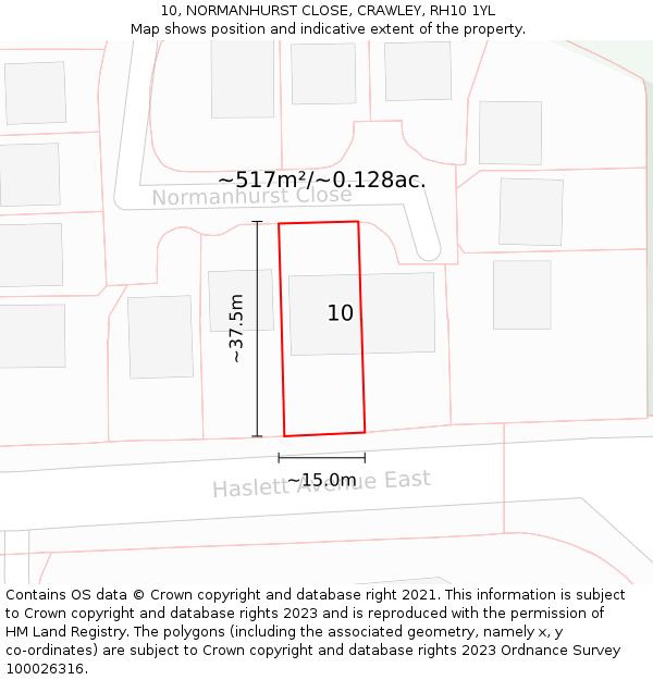 10, NORMANHURST CLOSE, CRAWLEY, RH10 1YL: Plot and title map