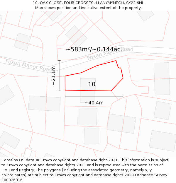 10, OAK CLOSE, FOUR CROSSES, LLANYMYNECH, SY22 6NL: Plot and title map