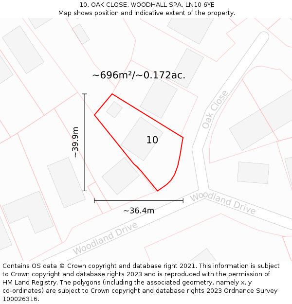 10, OAK CLOSE, WOODHALL SPA, LN10 6YE: Plot and title map