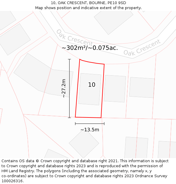 10, OAK CRESCENT, BOURNE, PE10 9SD: Plot and title map