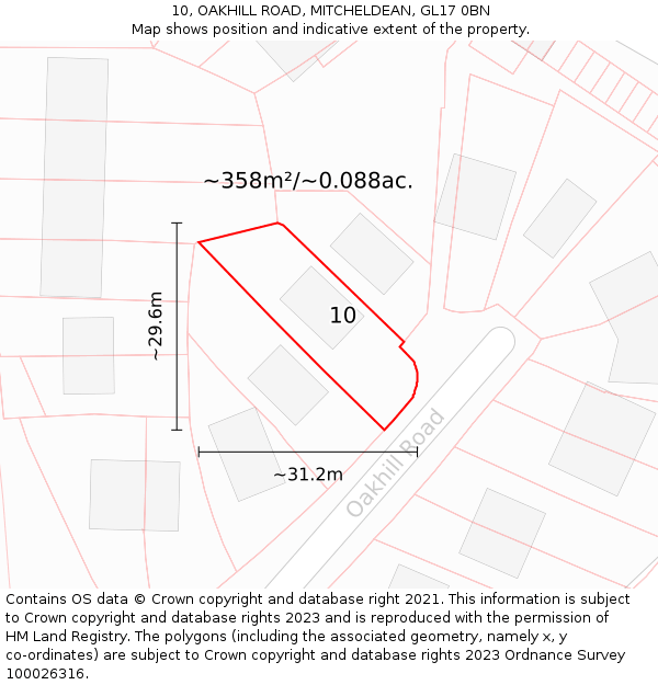 10, OAKHILL ROAD, MITCHELDEAN, GL17 0BN: Plot and title map