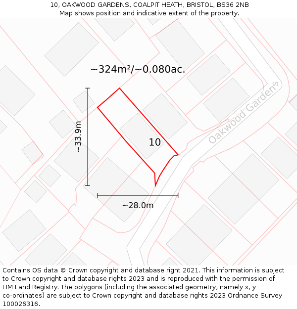 10, OAKWOOD GARDENS, COALPIT HEATH, BRISTOL, BS36 2NB: Plot and title map