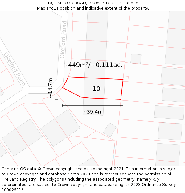 10, OKEFORD ROAD, BROADSTONE, BH18 8PA: Plot and title map