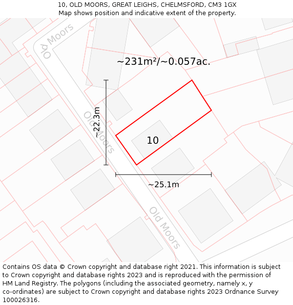 10, OLD MOORS, GREAT LEIGHS, CHELMSFORD, CM3 1GX: Plot and title map