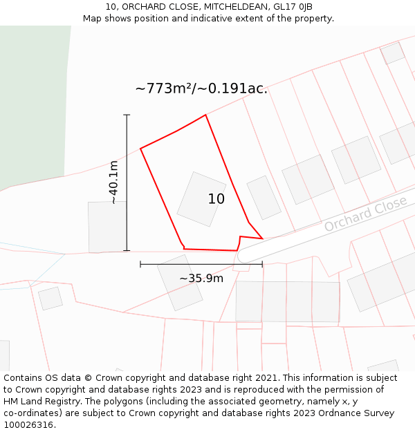 10, ORCHARD CLOSE, MITCHELDEAN, GL17 0JB: Plot and title map